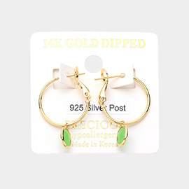 14K Gold Dipped Hypoallergenic 925 Sterling Silver Post Oval Stone Pointed Mini Hoop Earrings