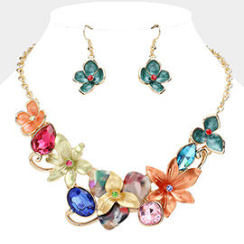 Colored Metal Flower Stone Cluster Resin Bib Necklace