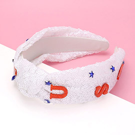 Resin American USA Star Stone Embellished Sequin Knot Headband 