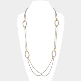 14K Gold Plated CZ Stone Paved Textured Oval Pointed Long Necklace