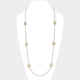 14K Gold Plated CZ Stone Paved Two Tone Rectangle Cluster Pointed Long Necklace