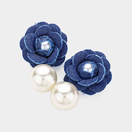 Denim Rose Pearl Dangle Earrings