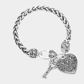 Antique Metal Heart Key Lock Charm Bracelet