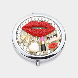 Glass Stone Pearl Lip Enamel Lipstick Clothes Charm Embellished Circle Compact Mirror