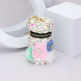 Flower Pom Pom Pointed Teardrop Glass Stone Embellished Cylinder Soft Case Lipstick Bag / Keychain