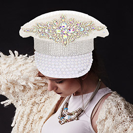 Stone Flower Pointed Pearl Embellished Sequin Captain Hat