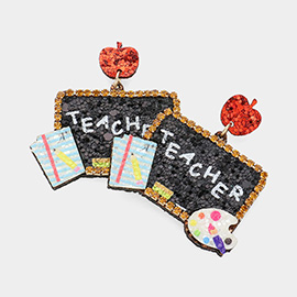 TEACHER Message Rhinestone Rim Glittered Chalkboard Dangle Earrings