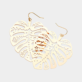 Brass Metal Tropical Leaf Filigree Teardrop Dangle Earrings