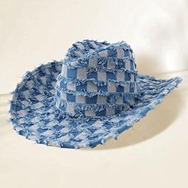 Fringe Denim Checkered Cowboy Western Hat