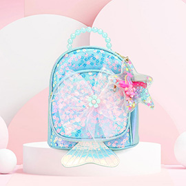 HOT FOCUS - Flower Centered Bow Fish Tail Pointed Flower Sequin Embellished Tiny Mini Backpack with Star Keychain Pouch