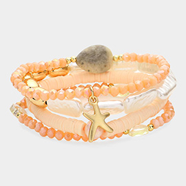 5PCS - Metal Starfish Charm Pointed Pearl Faceted Heishi Beaded Stretch Multi Layered Bracelets