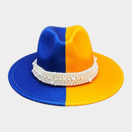 Pearl Embellished Band Pointed Color Block Fedora Hat