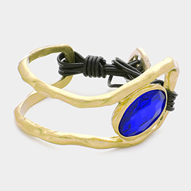 Oval Crystal Accented Hammered Metal Toggle Bracelet