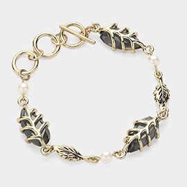 Antique Metal Leaf Pearl Toggle Bracelet