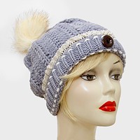 Button Accented Winter Knit Pom Pom Beanie Hat