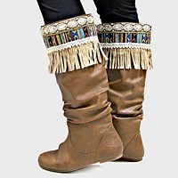 1-Pair Boho Beaded Aztec Stripe Suede Fringe Boot Toppers
