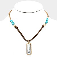 Rectangle Crystal Drop Suede Necklace with Turquoise Stones
