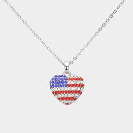 Crystal Paved American USA Flag Heart Pendant Necklace