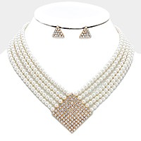 Geometric crystal detail multi-strand pearl necklace