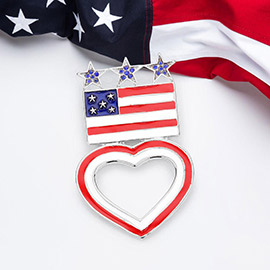 Enamel American USA Flag Open Heart Pin Brooch