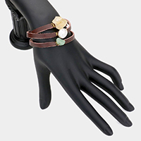 Raw Quartz & Pearl Accented Faux Leather Wrap Toggle Bracelet