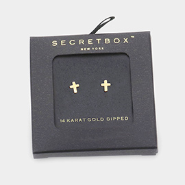 Secret Box _14K Gold Dipped Metal Cross Stud Earrings