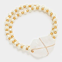 Raw quartz accented pearl strand wrap stretch bracelet