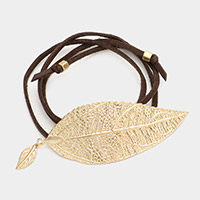 Metal leaf accented faux leather wrap bracelet / choker necklace