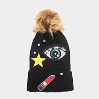 Sequin big eye & embroidered lipstick _ patch beanie hat with pom pom