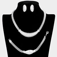 3PCS - Crystal Rhinestone Pave Mesh Metal Necklace Jewelry Set