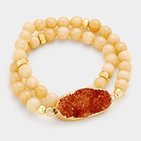 Druzy stone accented natural stone bead strand wrap stretch bracelet