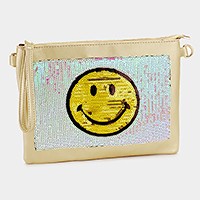 Sequin smiley face emoji clutch pouch bag with strap