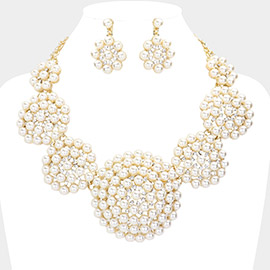 Floral Rhinestone Pearl Cluster Statement Necklace