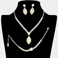 3PCS - Crystal Rhinestone Oval Pearl Dangle Necklace Jewelry Set