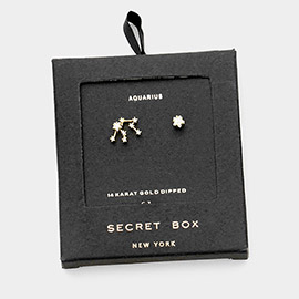 Secret Box_14K Gold Dipped CZ Stone Paved Aquarius Zodiac Sign Stud Earrings