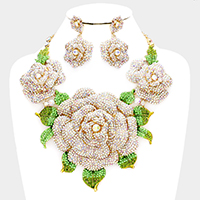 Crystal Pave Rose Flower Accented Evening Necklace