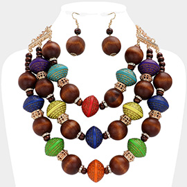 Multi Color Wood Beaded Layered Statement Necklace