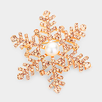 Pearl Center Rhinestone Snowflake Pin Brooch