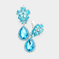 Flower Glass Crystal Teardrop Dangle Clip on Earrings