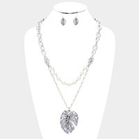 Double Strand Pearl Tropical Leaf Pendant Necklace