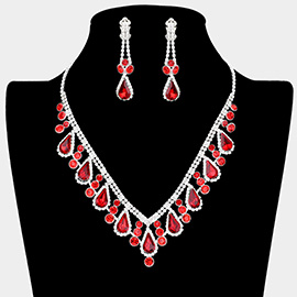 Crystal Rhinestone Bubbly Teardrop Necklace Clip on Earring Set