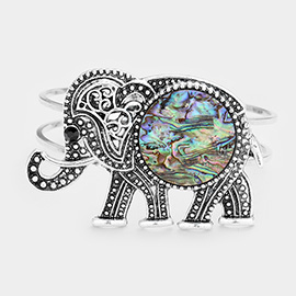 Abalone Accented Embossed Metal Elephant Hinged Bracelet