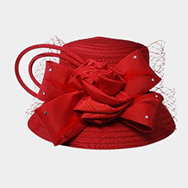 Studded Bow Flower Mesh Dressy Hat