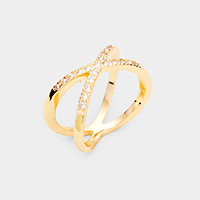 Gold Plated Cubic Zirconia Metal Crisscross Ring