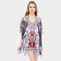 Mixed Print Rhinestone Studded Topper Cover Up Poncho