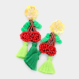Sequin Flower Bead Cherry Tassel Earrings