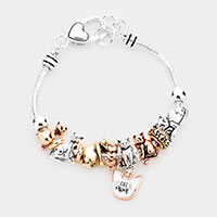 Multi Bead Cat Mom Charm Metal Bracelet