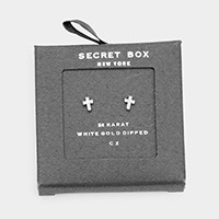 Secret Box _ 14K White Gold Dipped CZ Cross Stud Earrings 