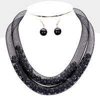Double Mesh Tube Pearl Collar Necklace