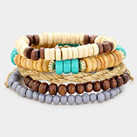 5PCS - Multi Wood Bead Layered Stretch Bracelets